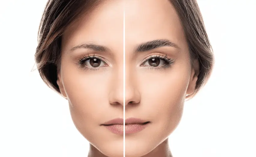 Before and after split face photo of a woman showcasing a dramatic eyebrow lamination and tint transformation at Moiselle eyebrow studio Canggu.