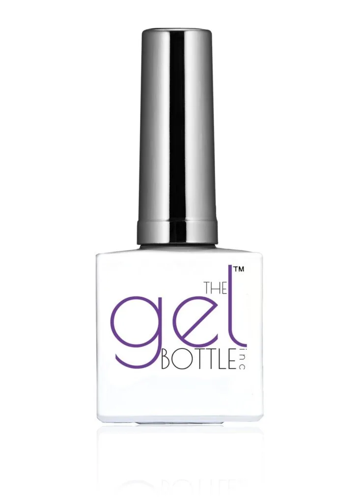 A white bottle of The GelBottle Inc premium polish, the professional product used for long-lasting BIAB nails Canggu at Moiselle, a top-rated nail studio Bali.