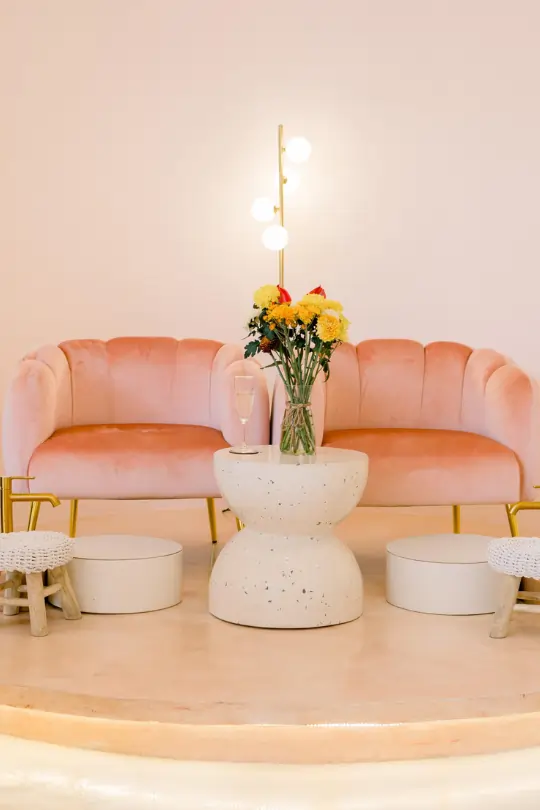 Luxurious pink velvet chairs at the elegant pedicure station inside Moiselle nail studio Canggu, a premier hair and nail salon Bali.